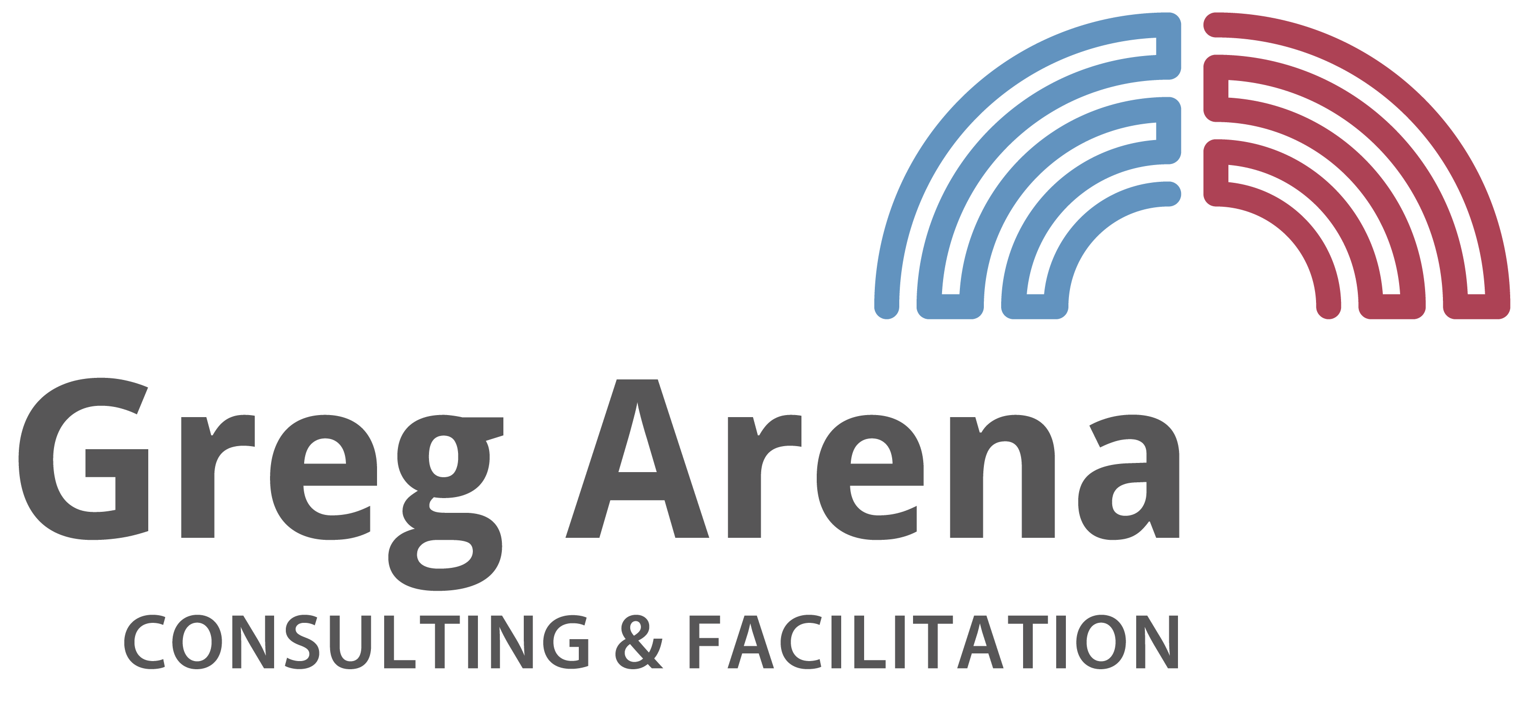 Greg Arenas Logo, das die Integration der beiden Gehirnhälften darstellt sowie den Schriftzug mit Greg Arenas Name und Tätigkeit, Coaching und Moderation.